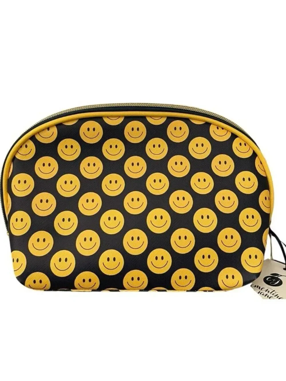 Smiley Face Cosmetic Makeup Travel Bag Zips Black Yellow Happy Face Smile NWT